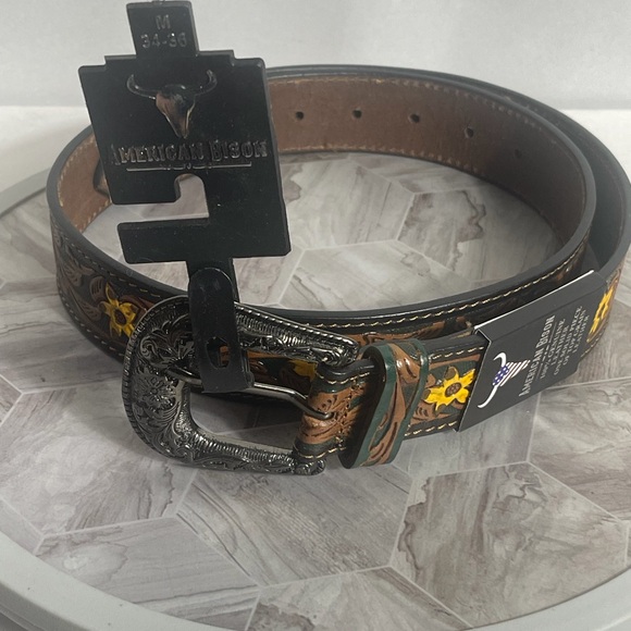 American Bison Accessories - American Bison Western Leather Belt M 34-36 Tooled Floral Buckle